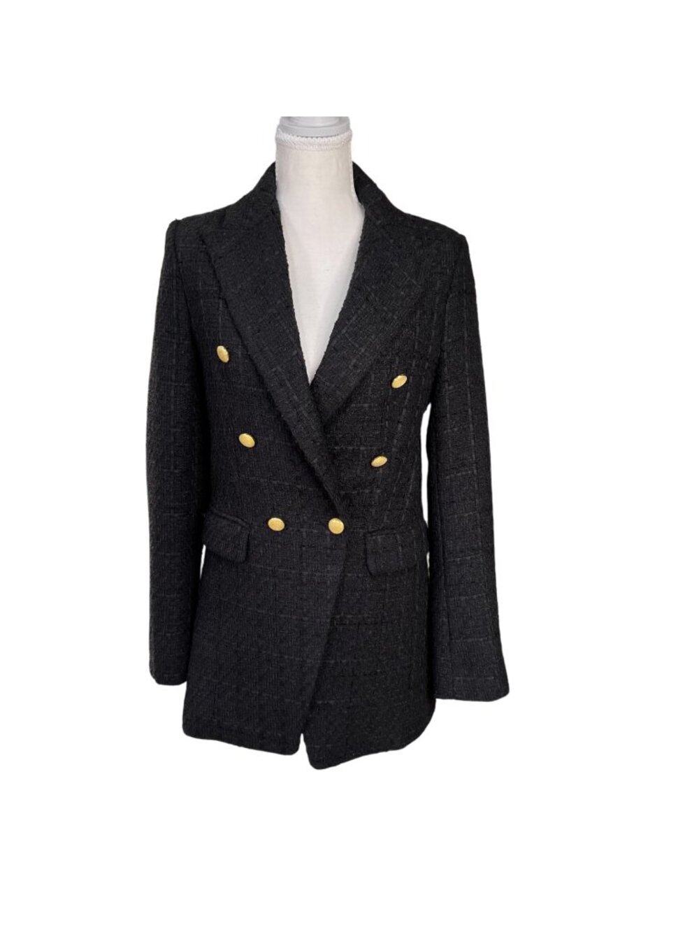 Jason Wu Black Tweed Double-Breasted Blazer With Gold Buttons Size XS